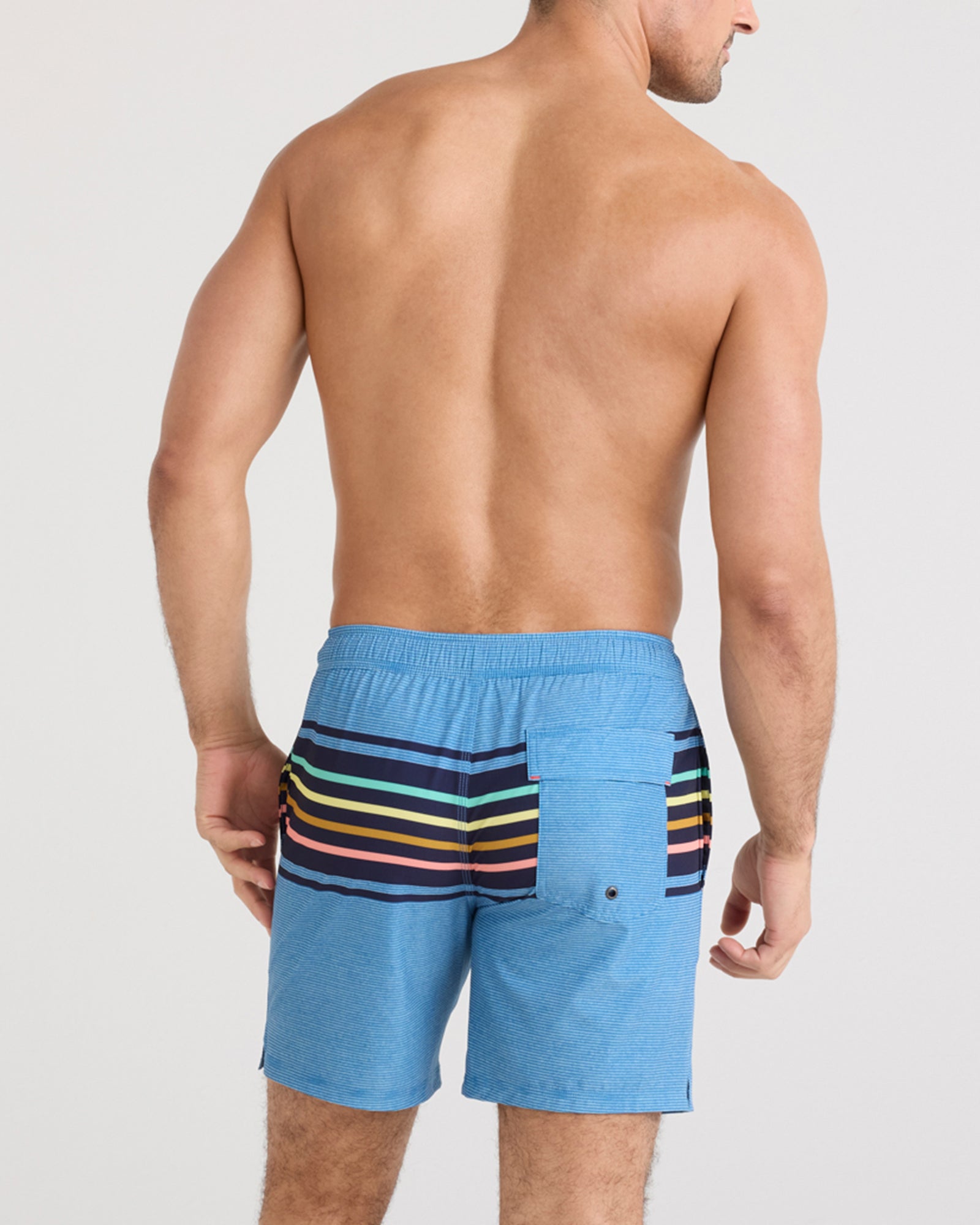 Back - Model wearing Oh Buoy 2N1 Swim Short in Bold Stripe-Lake Blue