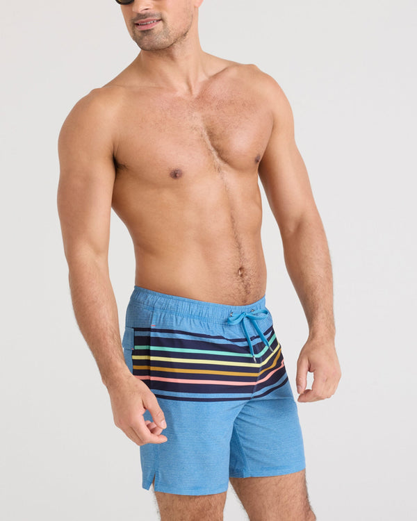 Front - Model wearing Oh Buoy 2N1 Swim Short in Bold Stripe-Lake Blue