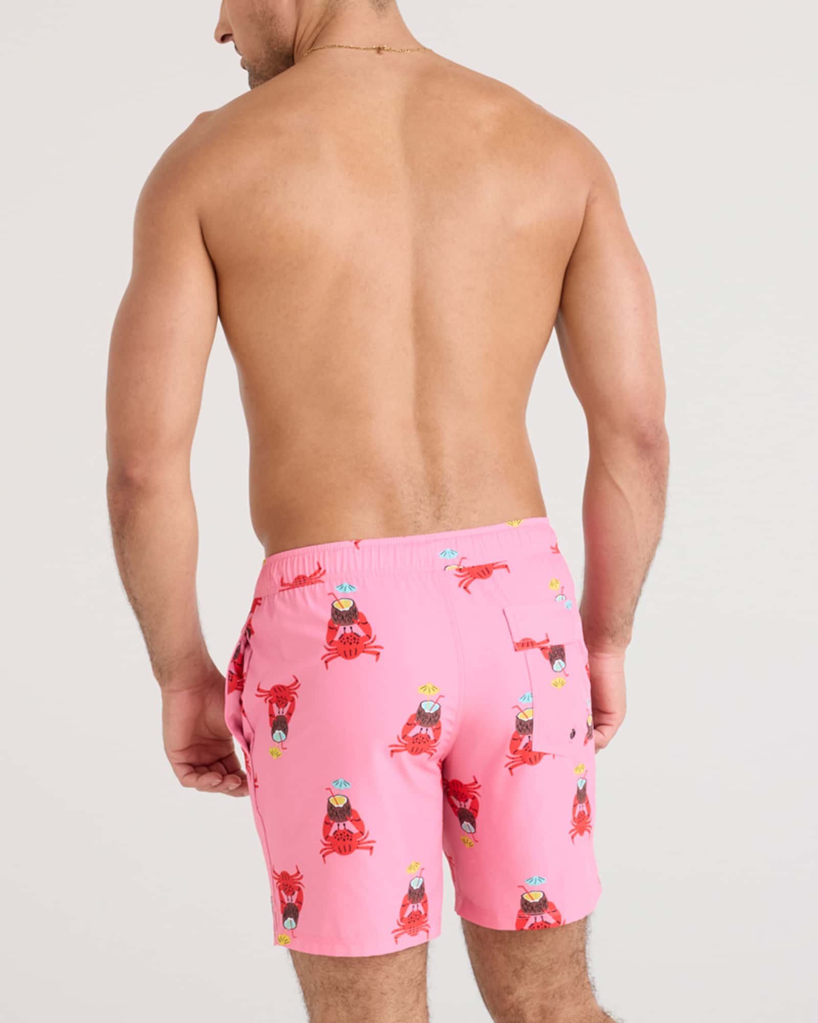 Back - Model wearing Oh Buoy 2N1 Swim Volley 7" in Crab Cocktail-Pink