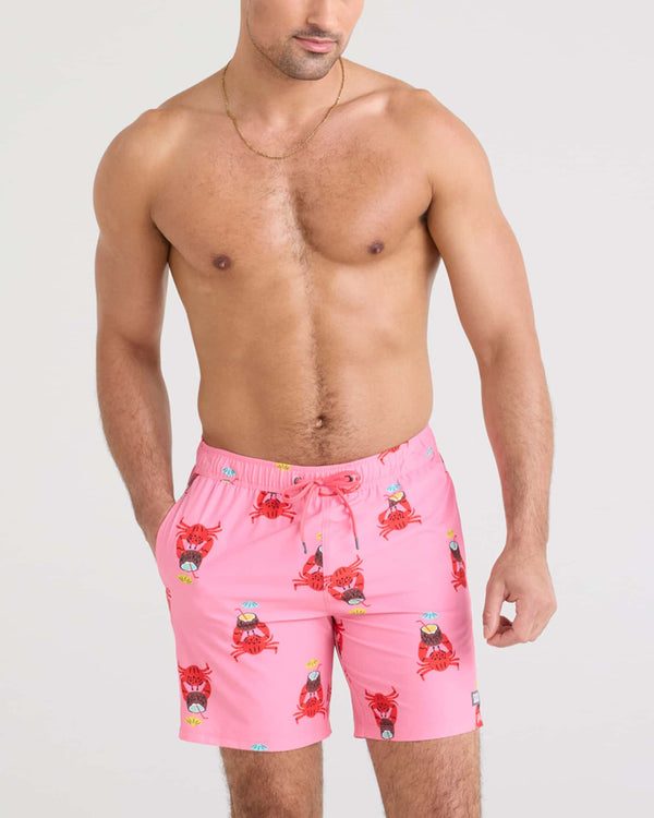 Front - Model wearing Oh Buoy 2N1 Swim Volley 7" in Crab Cocktail-Pink