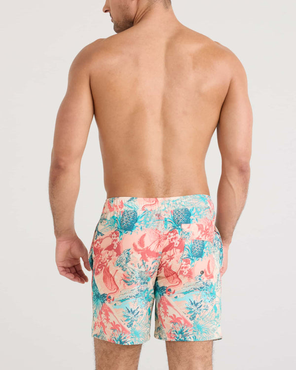 Back - Model wearing Oh Buoy 2N1 Swim Volley 7" in Vacation Collage-Chalk