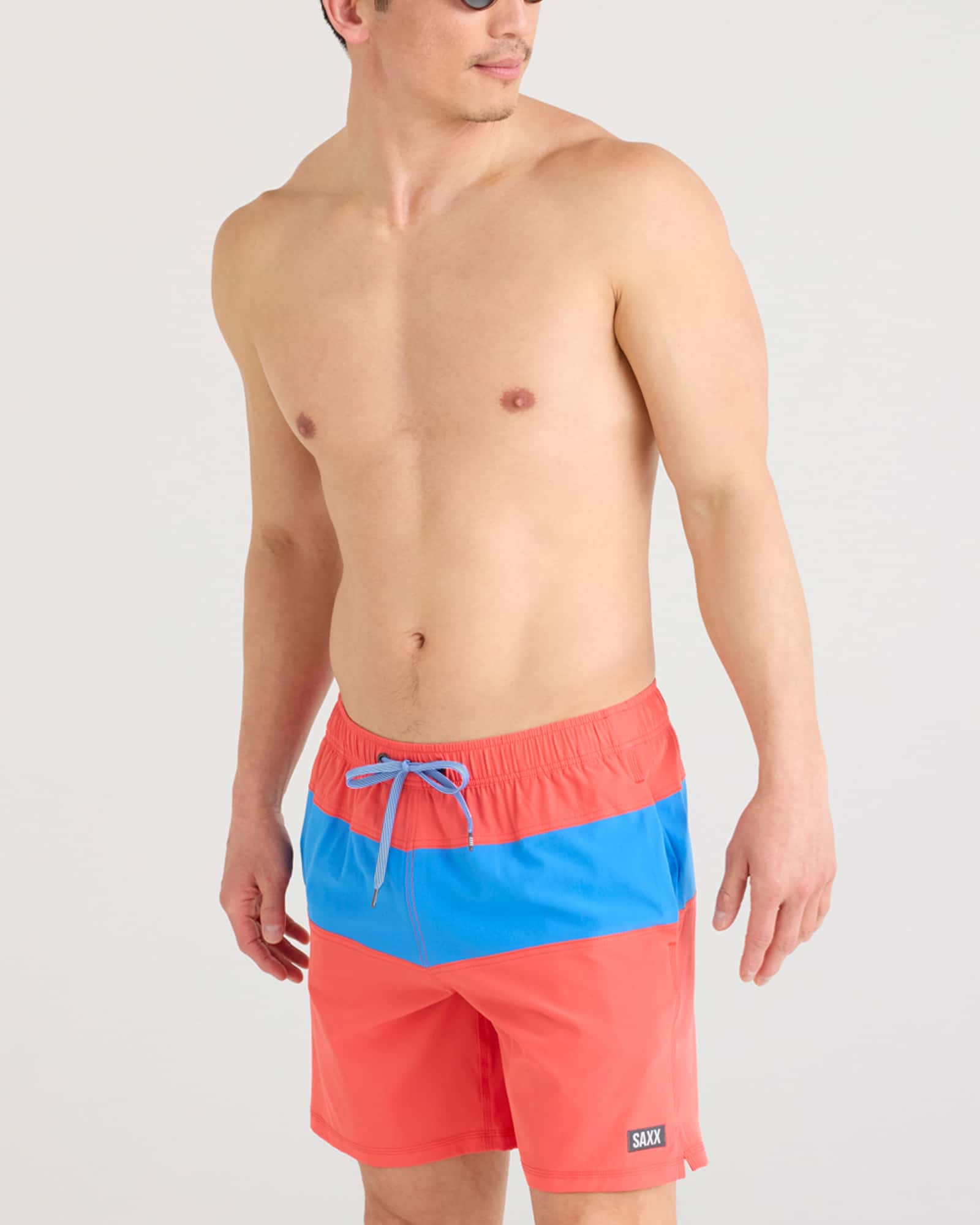 Front - Model wearing Oh Buoy 2N1 Swim Volley 7" in Coral Red/Racer Blue