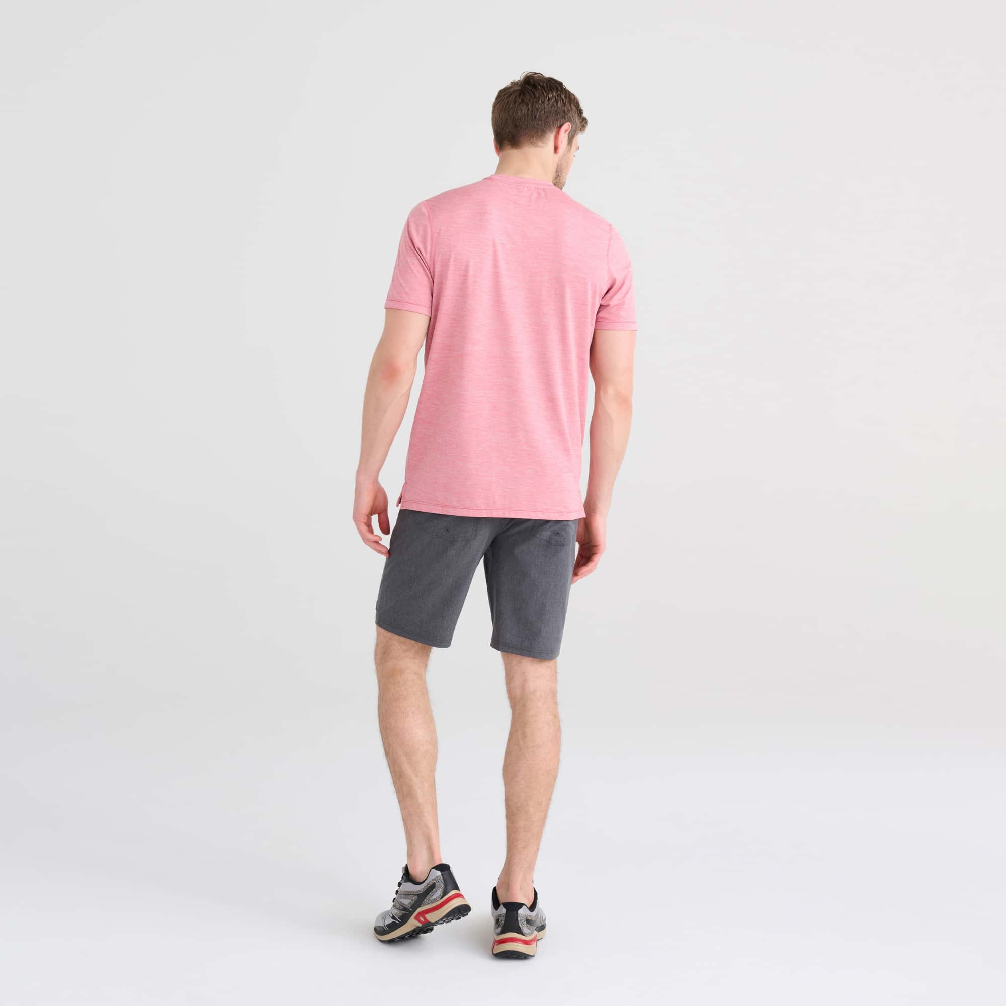 Back - Model wearing Land To Sand 2N1 Short Regular in Black Shade Heather