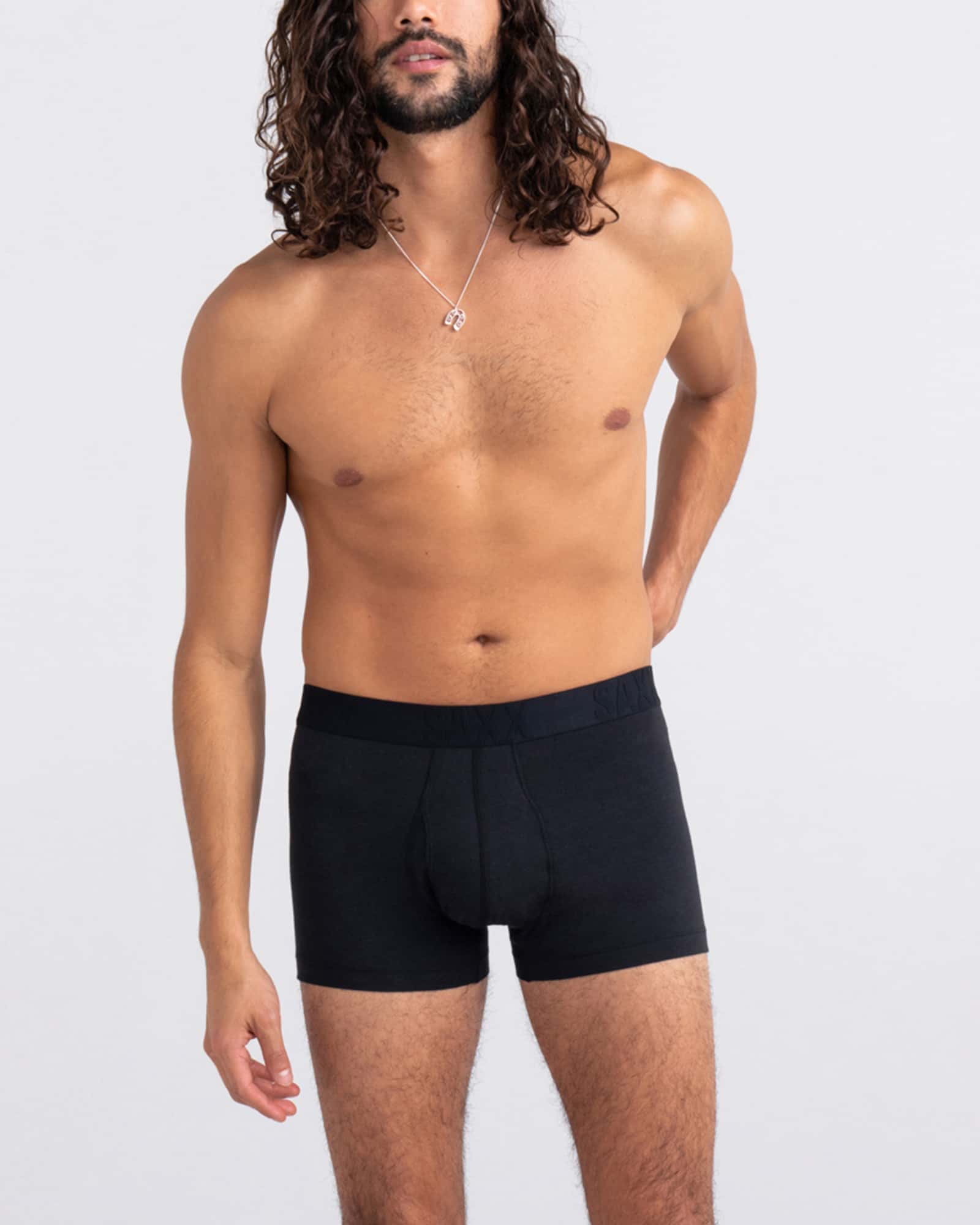 Front - Model wearing Droptemp Cooling Cotton Trunk Fly in Black