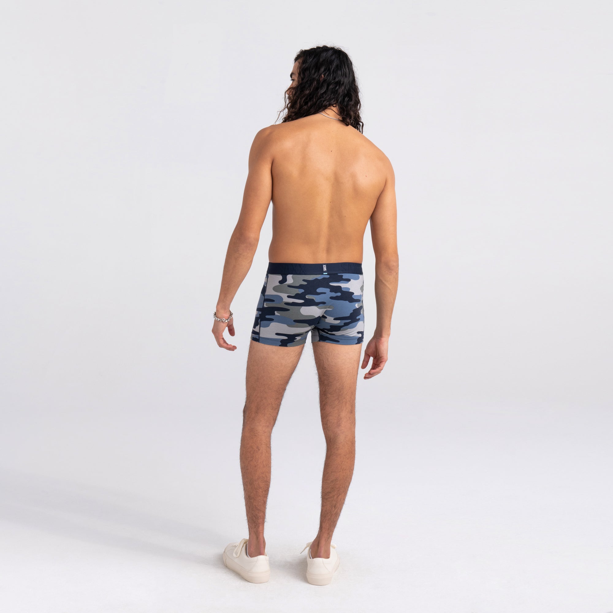 Back - Model wearing DropTemp Cooling Cotton Trunk in Tidal Camo- Blue