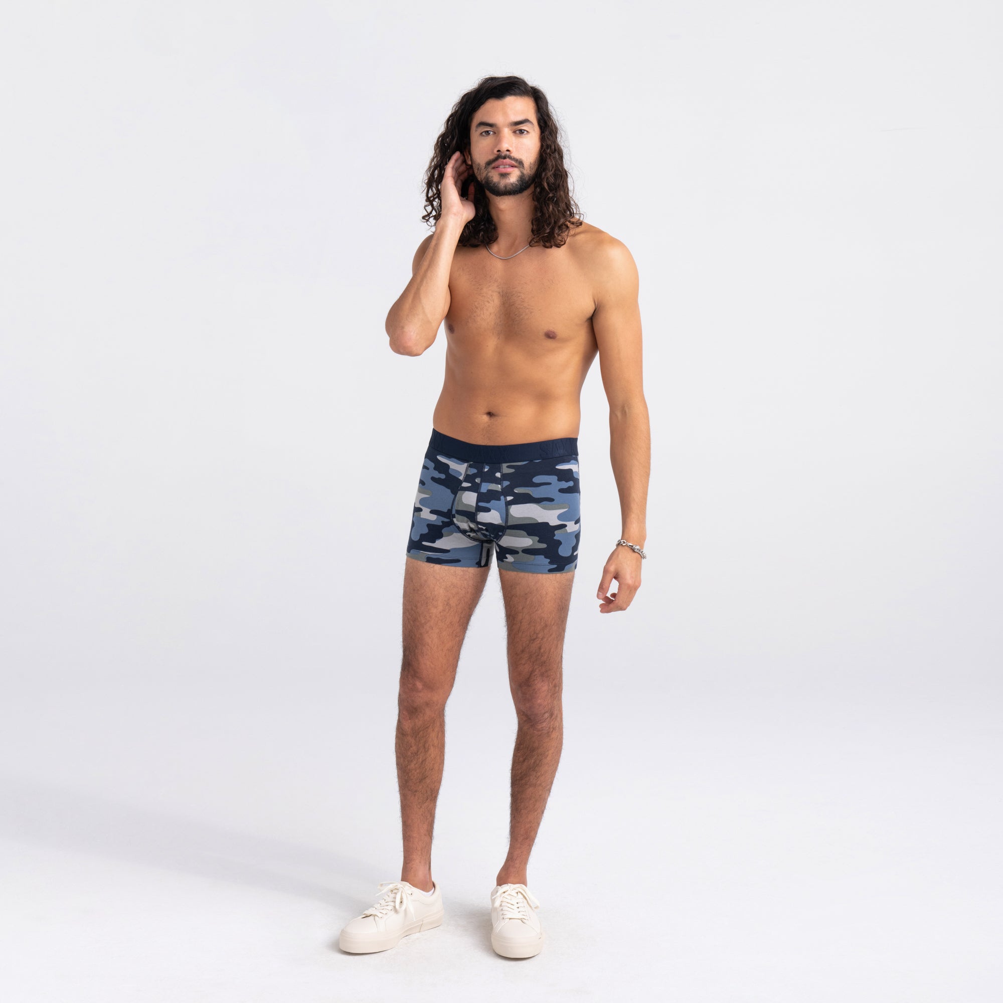 Front - Model wearing DropTemp Cooling Cotton Trunk in Tidal Camo- Blue