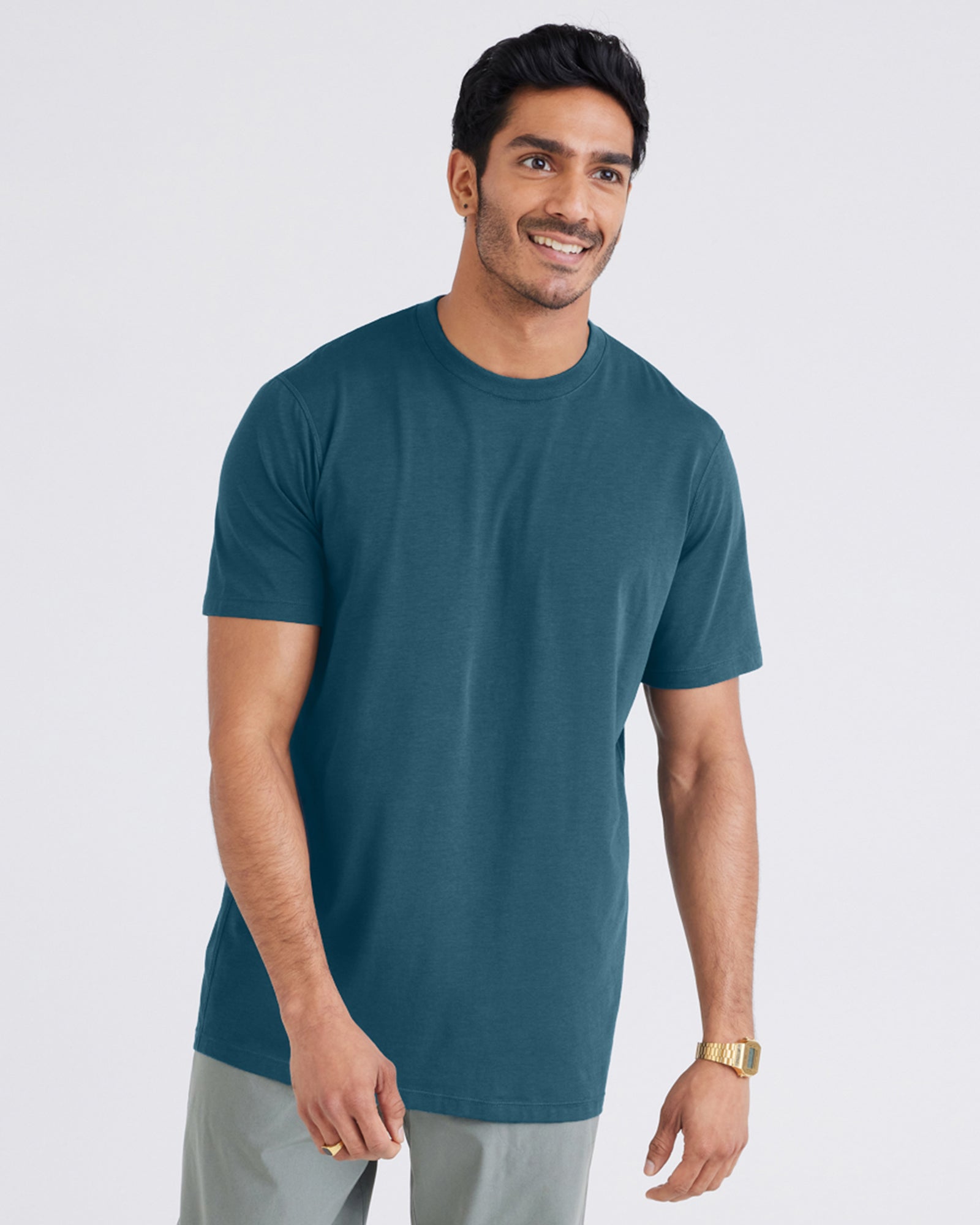 Front - Model wearing  Droptemp® Cooling Cotton Short Sleeve Crew in Storm