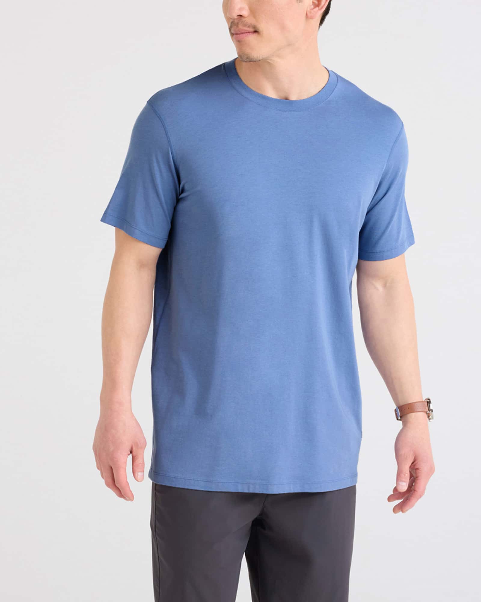 Front - Model wearing Droptemp Cooling Cotton Tee in Tidal Blue