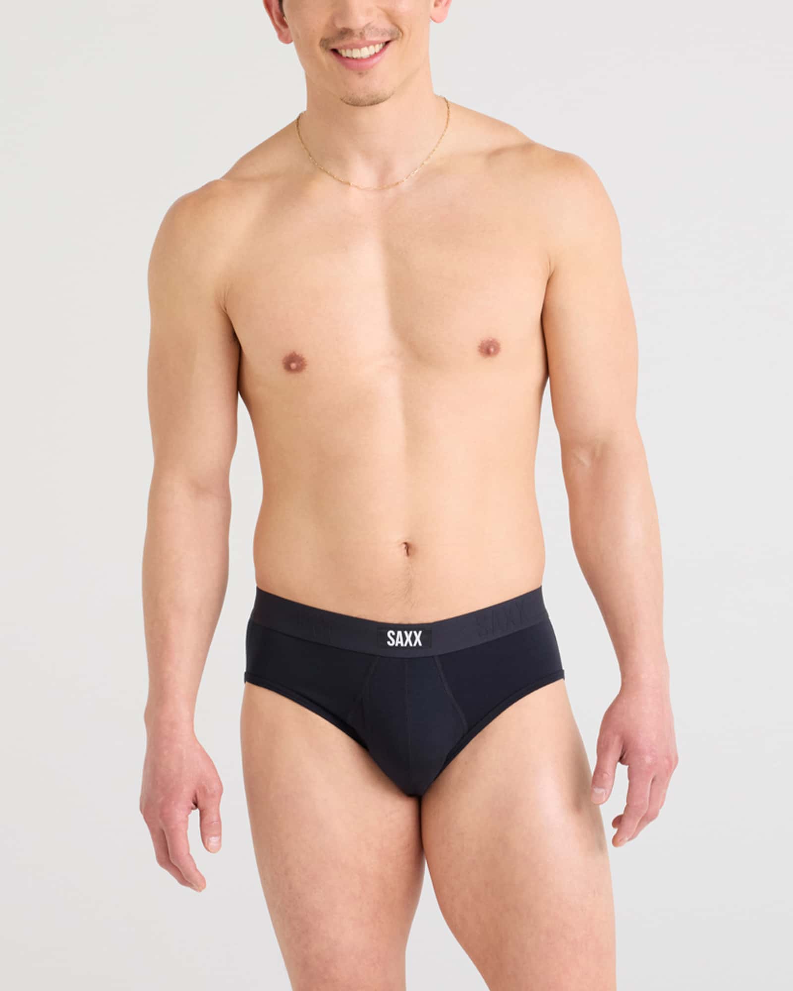 Front - Model wearing Vibe Xtra Brief Fly 3 Pack in Black