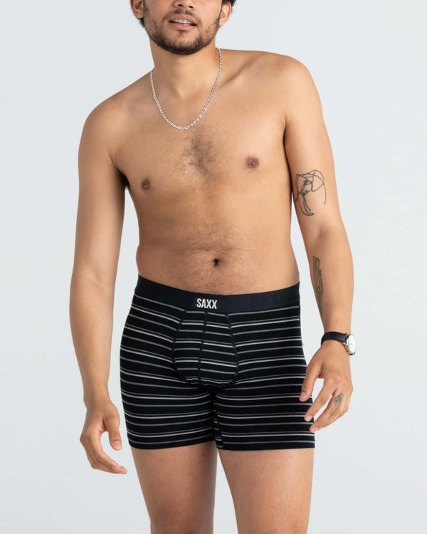 Front - Model wearing Vibe Xtra Boxer Brief Fly in Black Coast Stripe