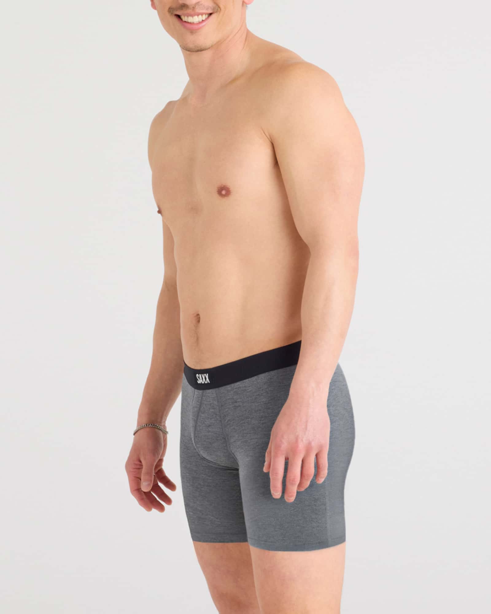 Front - Model wearing Vibe Xtra Boxer Brief Fly in Dark Grey Heather