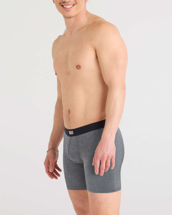 Front - Model wearing Vibe Xtra Boxer Brief Fly in Dark Grey Heather