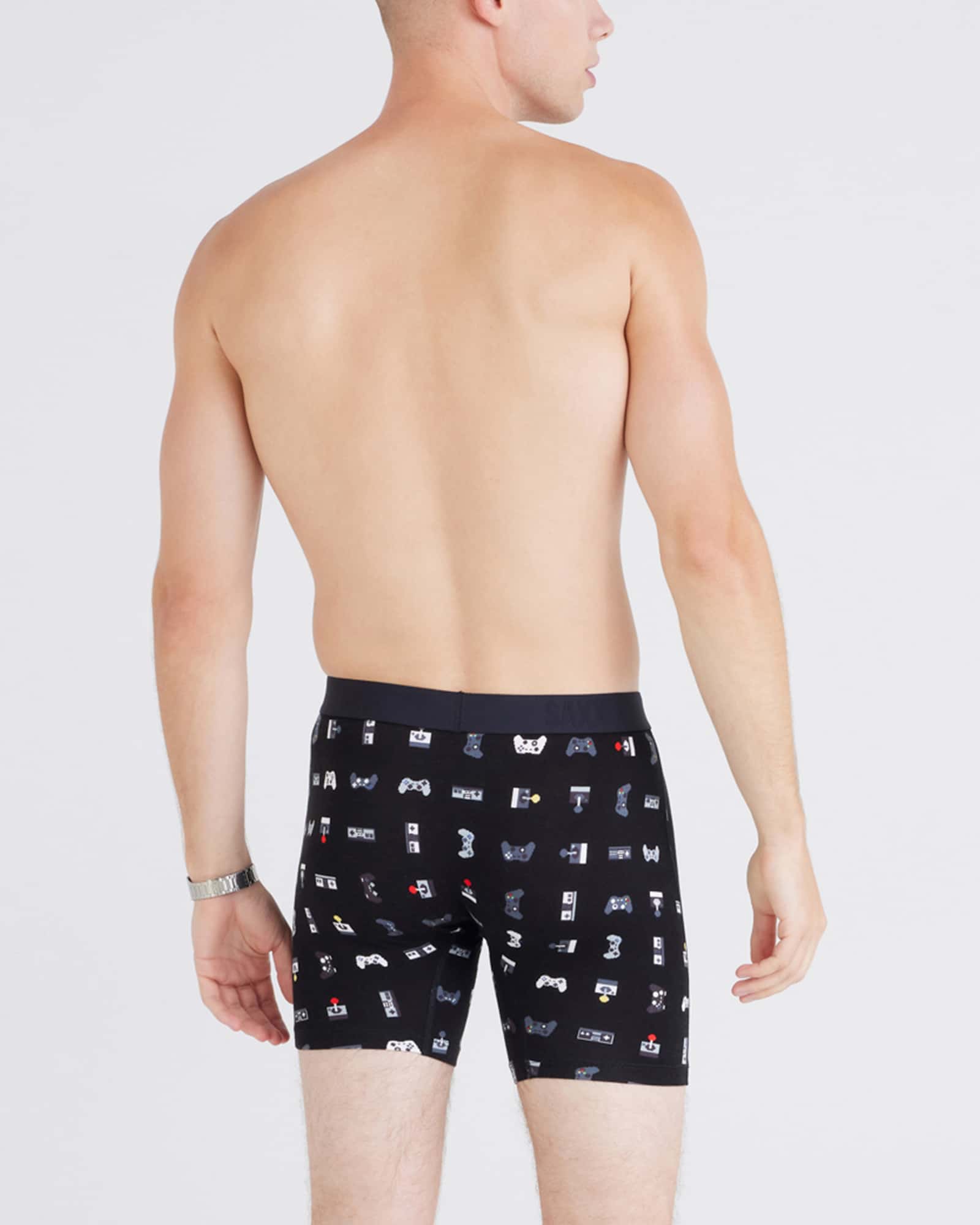 Back - Model wearing Vibe Xtra Boxer Brief Fly in Gamer-Black