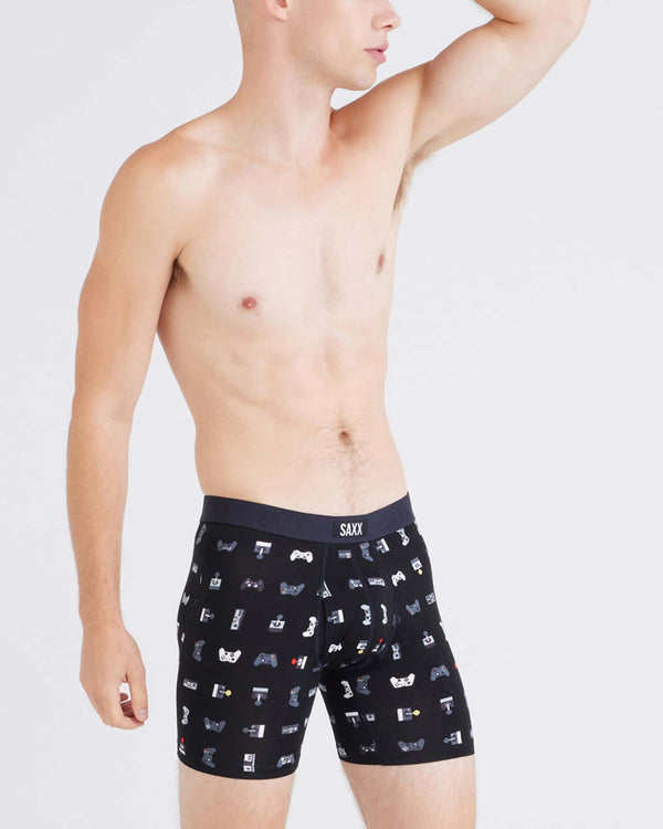 Front - Model wearing Vibe Xtra Boxer Brief Fly in Gamer-Black