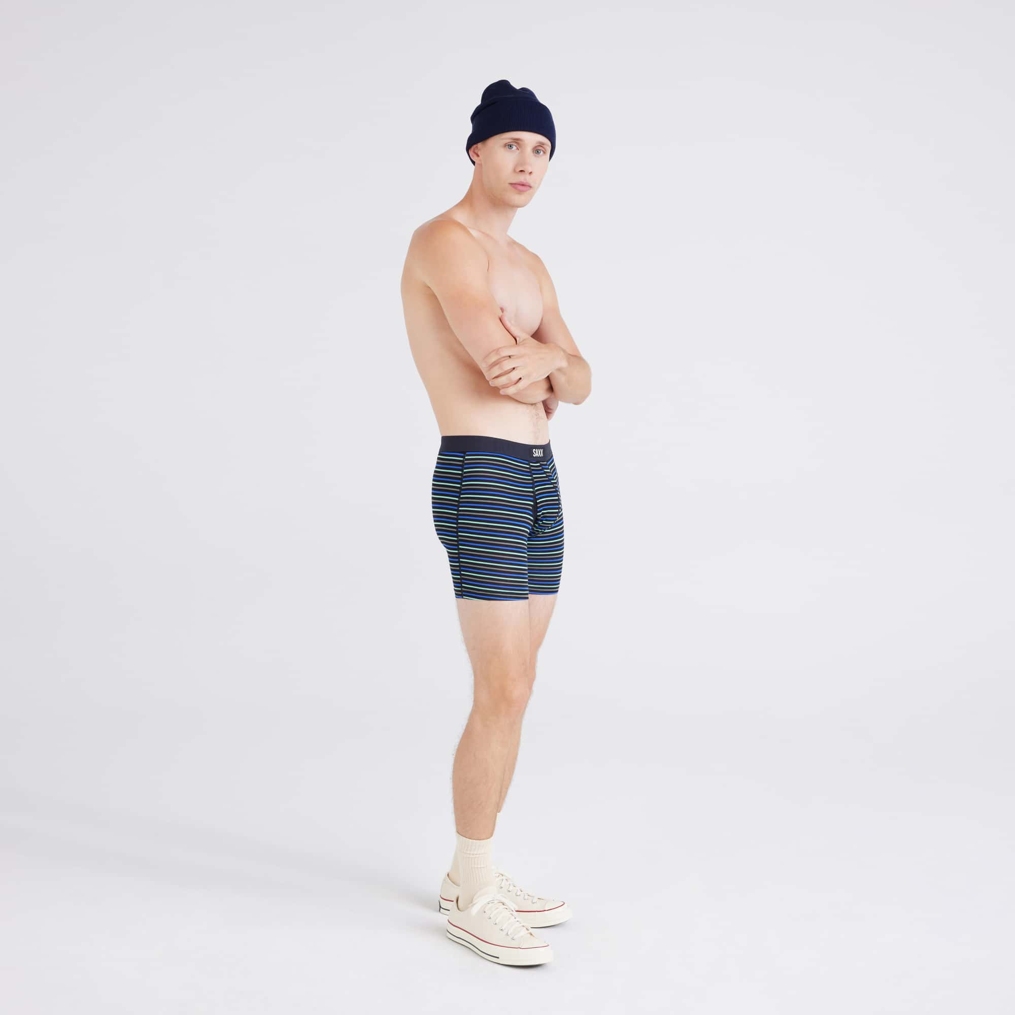 Front - Model wearing  Vibe Xtra Boxer Brief in Gent's Stripe-Sport Blue