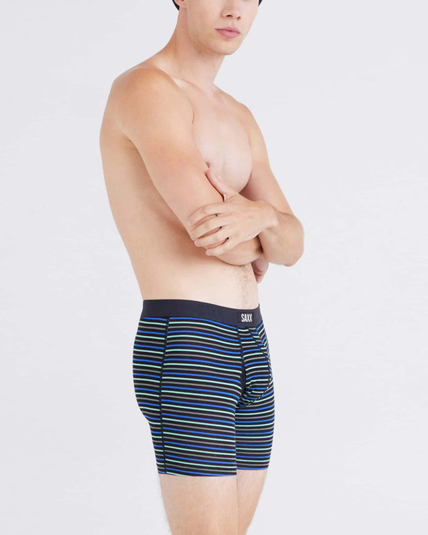 Front - Model wearing Vibe Xtra Boxer Brief Fly in Gent's Stripe-Sport Blue