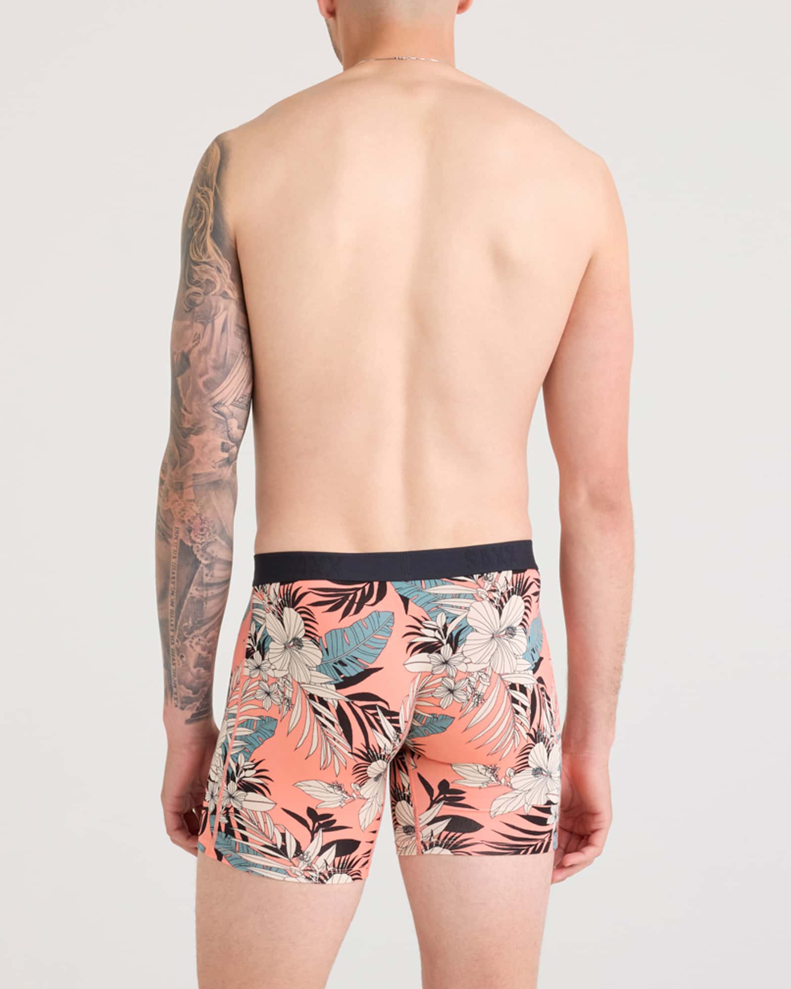 Back - Model wearing Vibe Xtra Boxer Brief Fly in Hibiscus Jungle-Coral