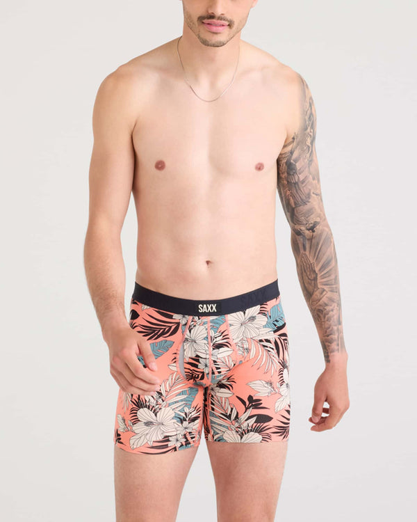 Front - Model wearing Vibe Xtra Boxer Brief Fly in Hibiscus Jungle-Coral