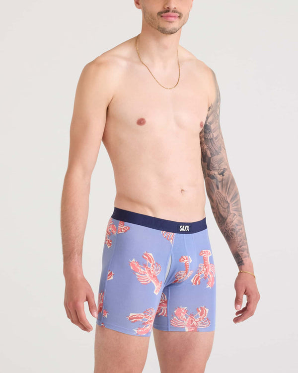 Front - Model wearing Vibe Xtra Boxer Brief Fly in Lobster Boil-Tidal Blue