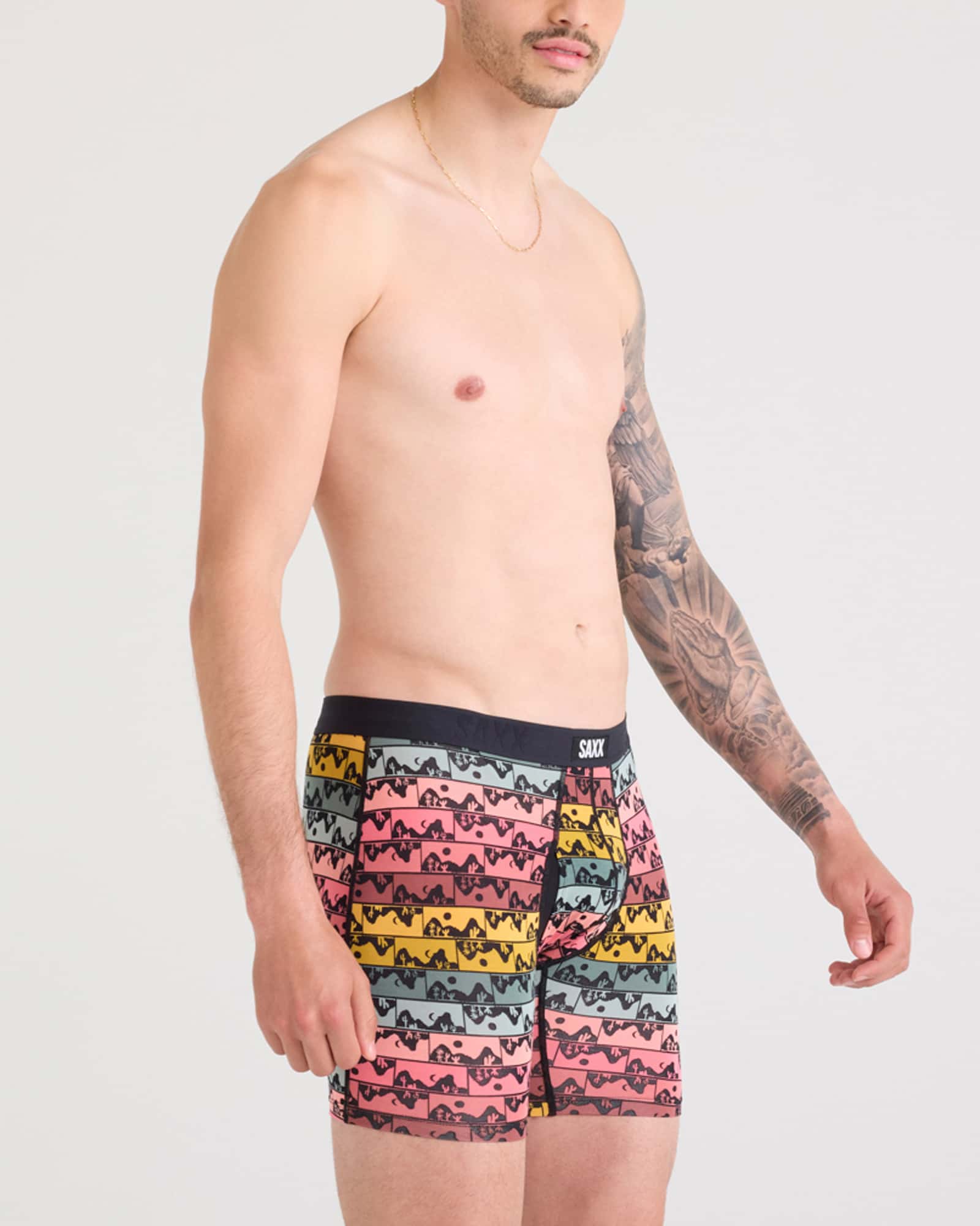 Front - Model wearing Vibe Xtra Boxer Brief Fly in Mesa Grid-Multi