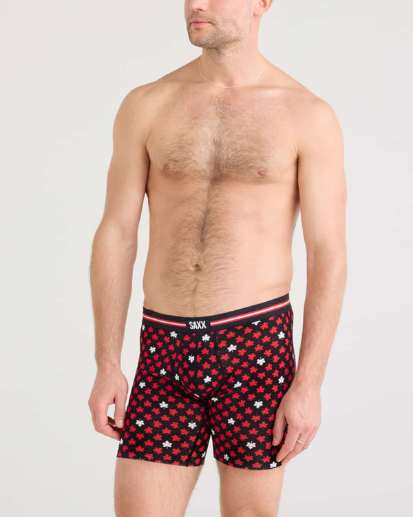 Front - Model wearing Vibe Xtra Boxer Brief Fly in Maple Leaf-Black