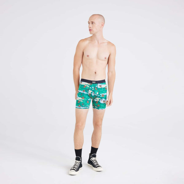 Front - Model wearing  Vibe Xtra Boxer Brief in Holiday Par-Tee-Green