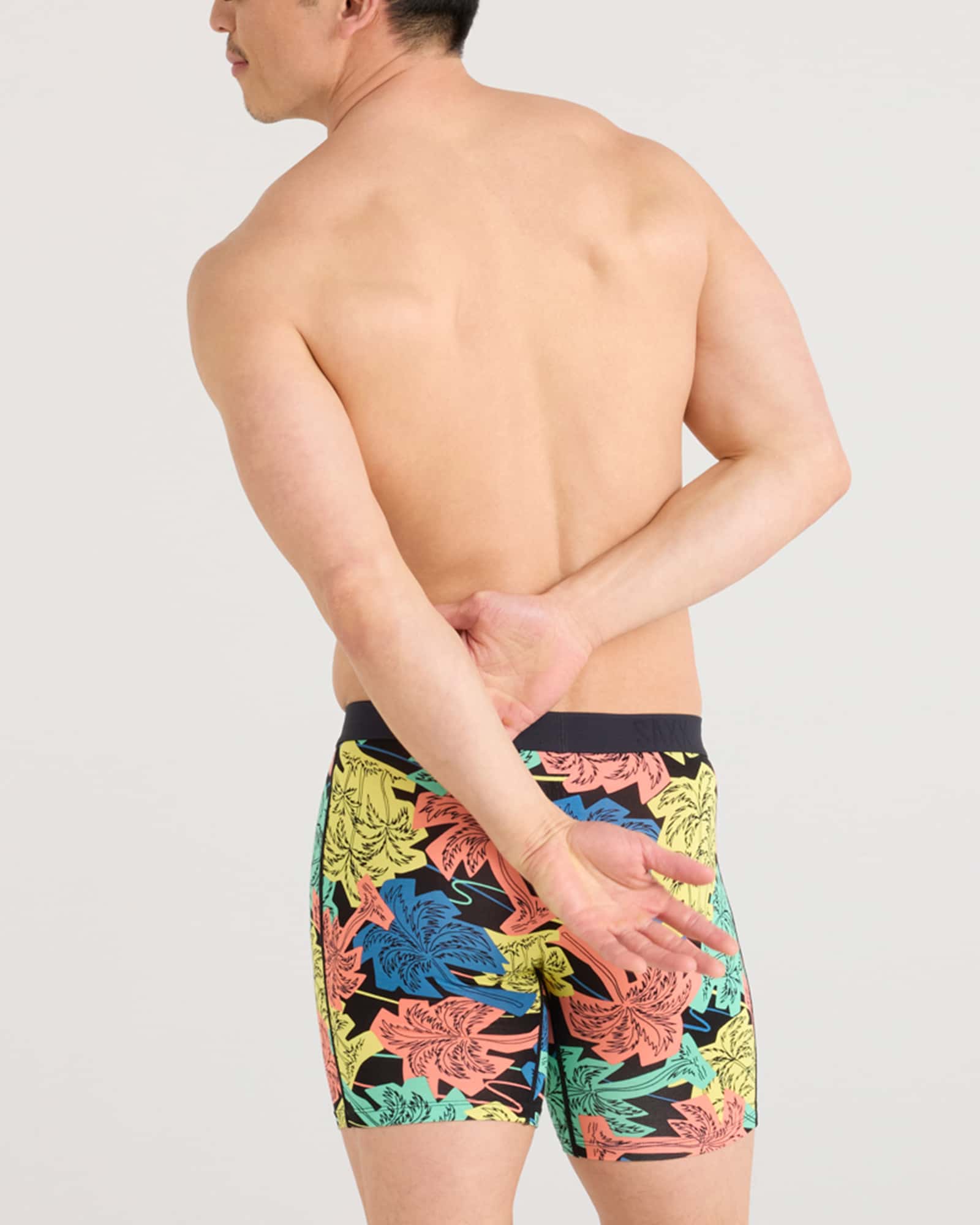 Back - Model wearing Vibe Xtra Boxer Brief Fly in Palm Fun-Black