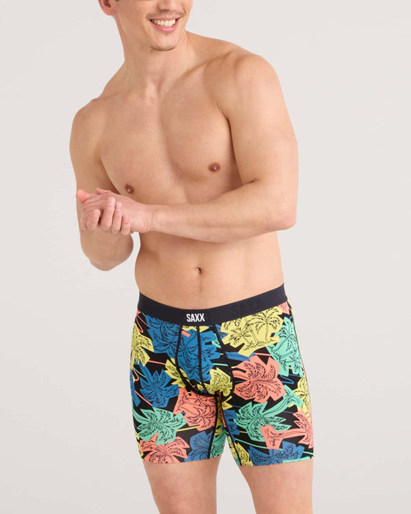 Front - Model wearing Vibe Xtra Boxer Brief Fly in Palm Fun-Black