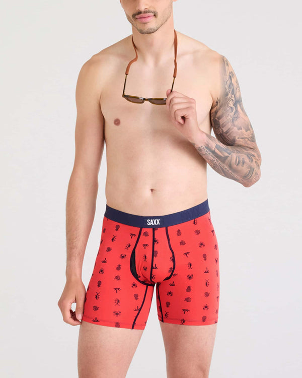 Front - Model wearing Vibe Xtra Boxer Brief Fly in Summer Catch-Coral Red