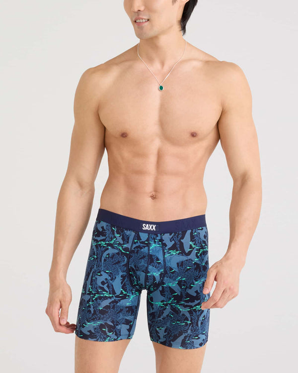 Front - Model wearing Vibe Xtra Boxer Brief Fly in Sharks And Minnows-Dk Ink