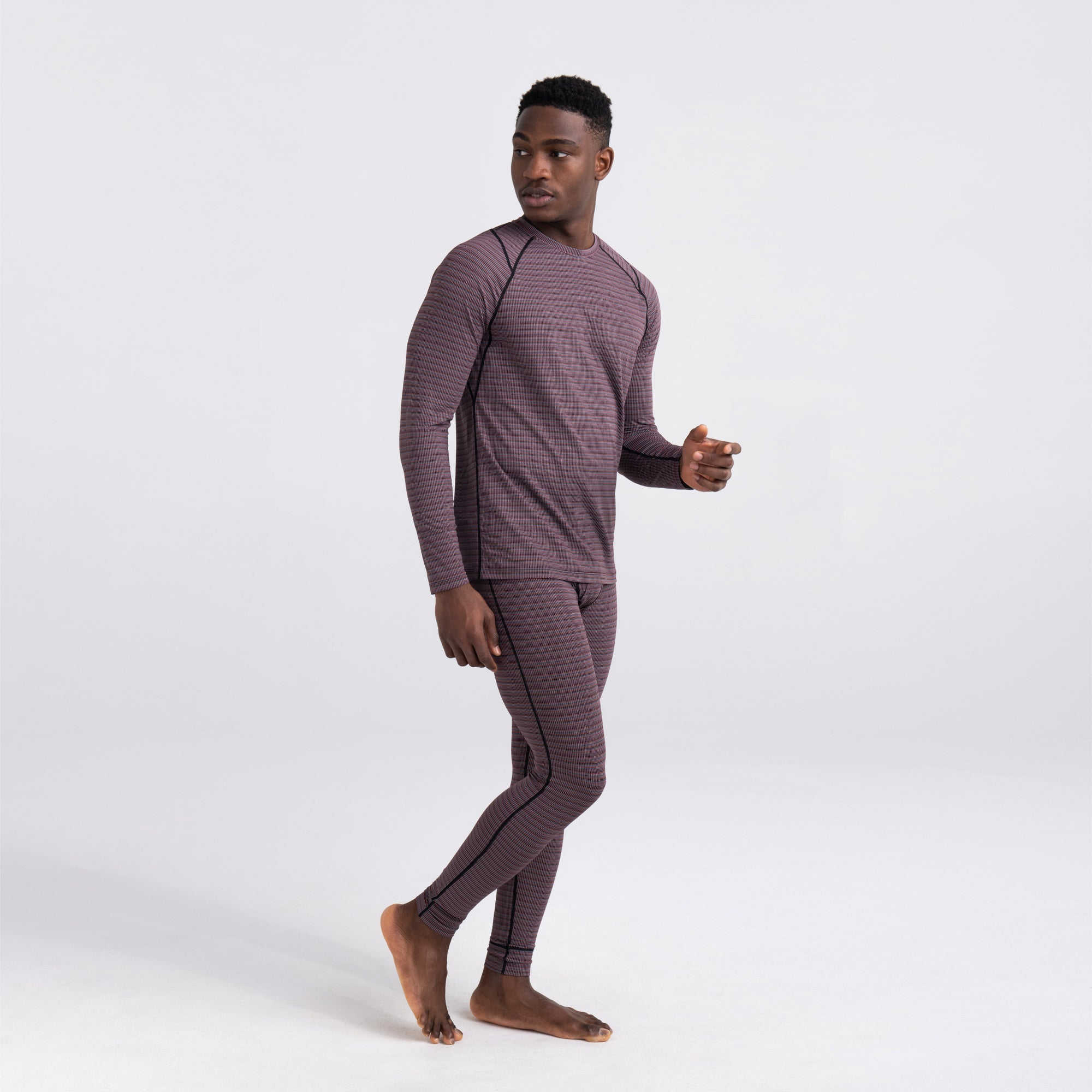 Front - Model wearing Quest Quick Dry Mesh Long Sleeve Crew Baselayer in Wilderness Stripe- Fudge