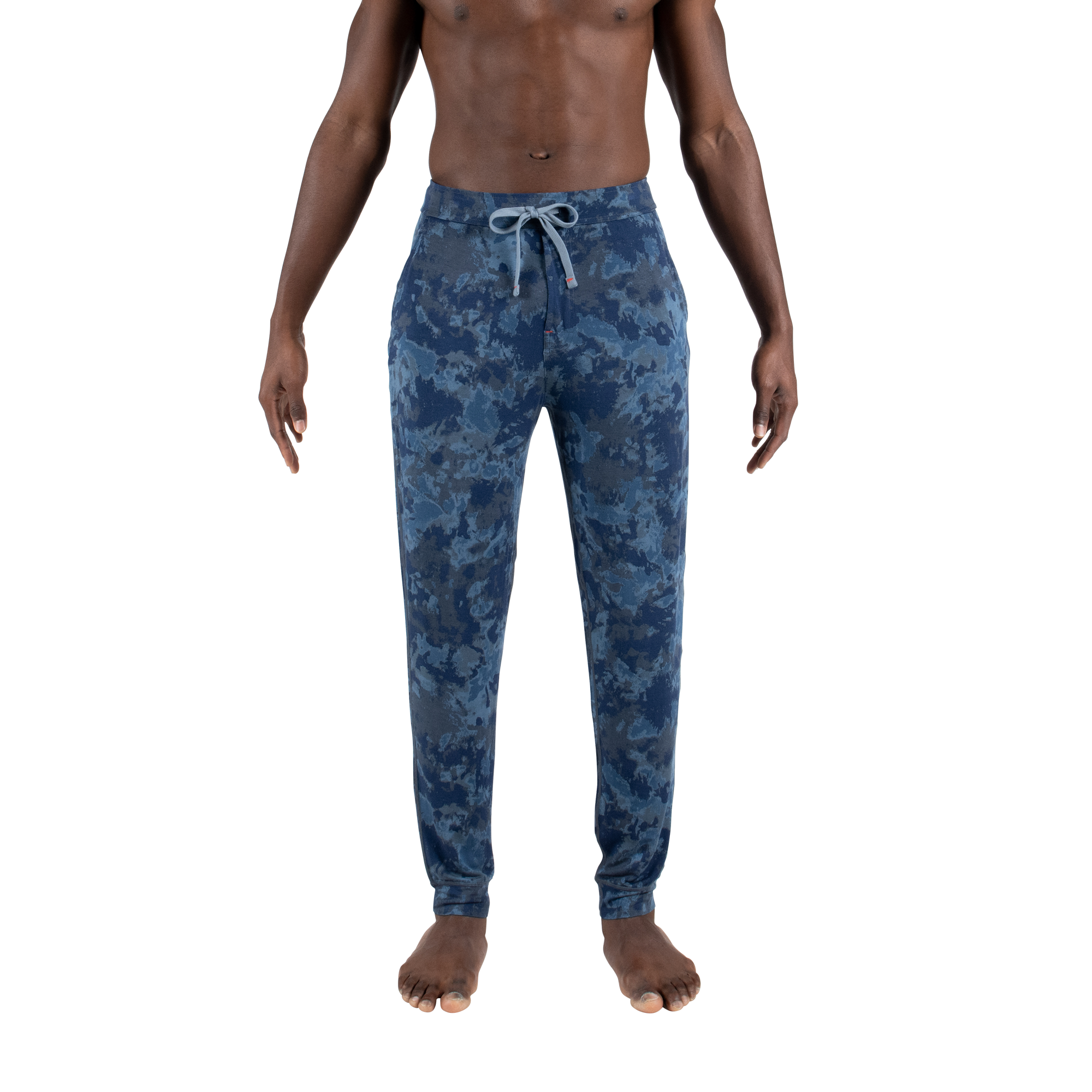 Front - Model wearing Snooze Pant in Smokey Tie Dye- Navy