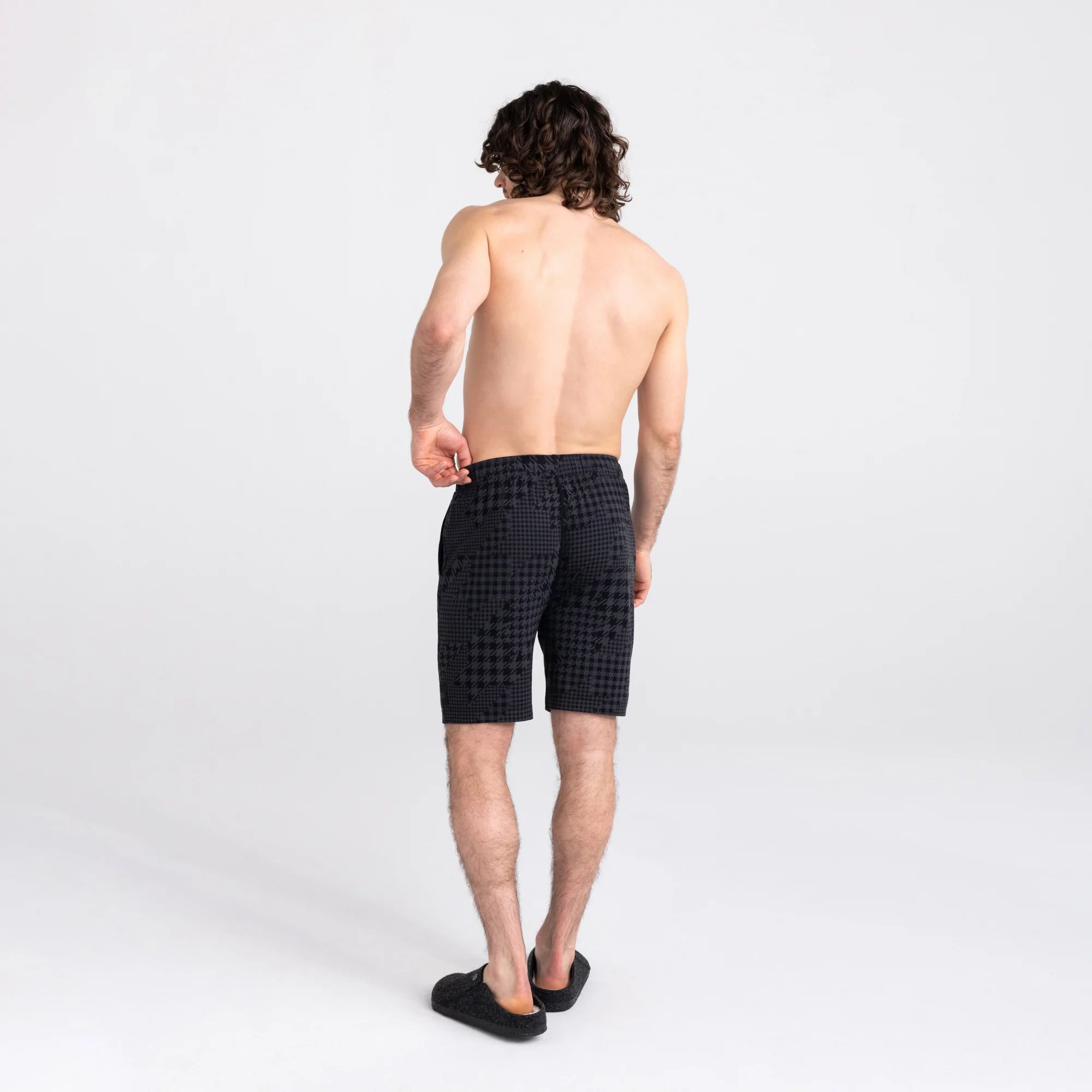 Back - Model wearing 22nd Century Silk Sleep Short in Dogstooth Camo- Black