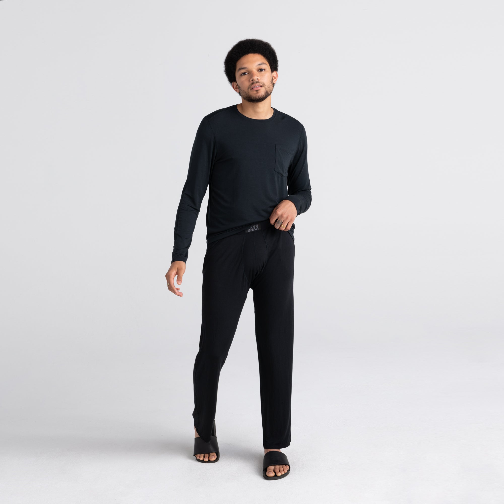 Front - Model wearing Sleepwalker Long Sleeve Pocket Tee in Black