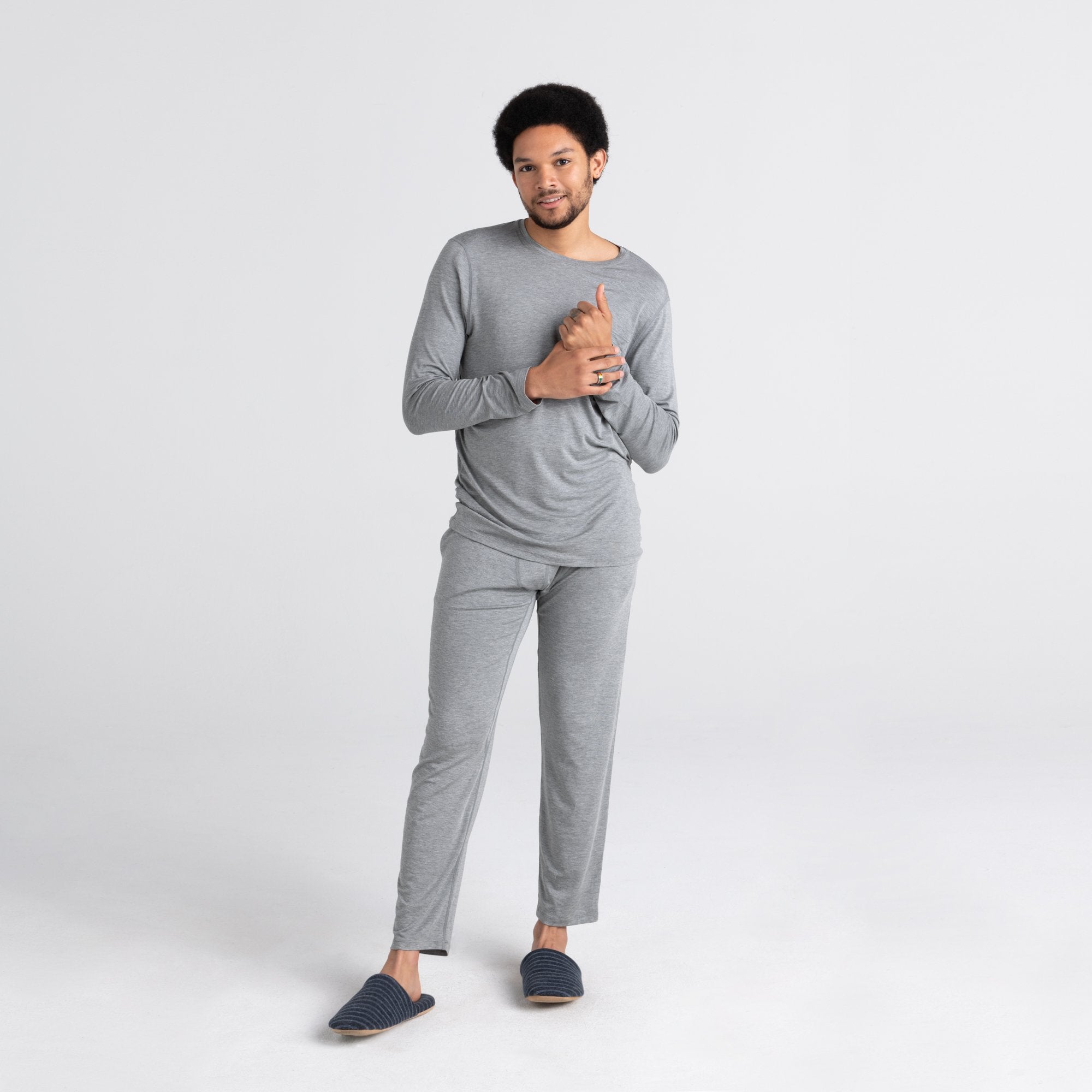 Front - Model wearing Sleepwalker Long Sleeve Pocket Tee and Sleepwalker Pant in Dark Grey Heather