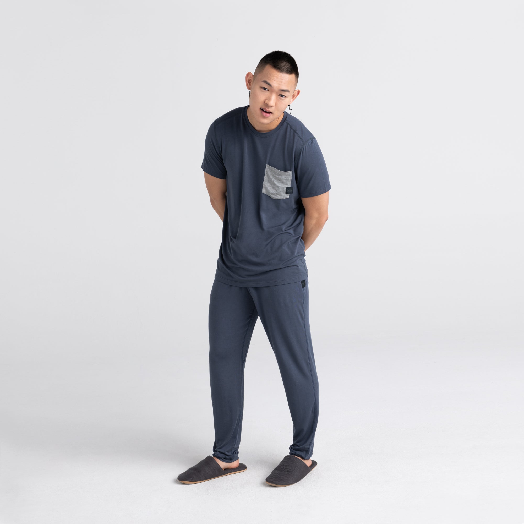 Front - Model wearing Sleepwalker Short Sleeve Pocket Tee in India Ink/Dk Grey Heather