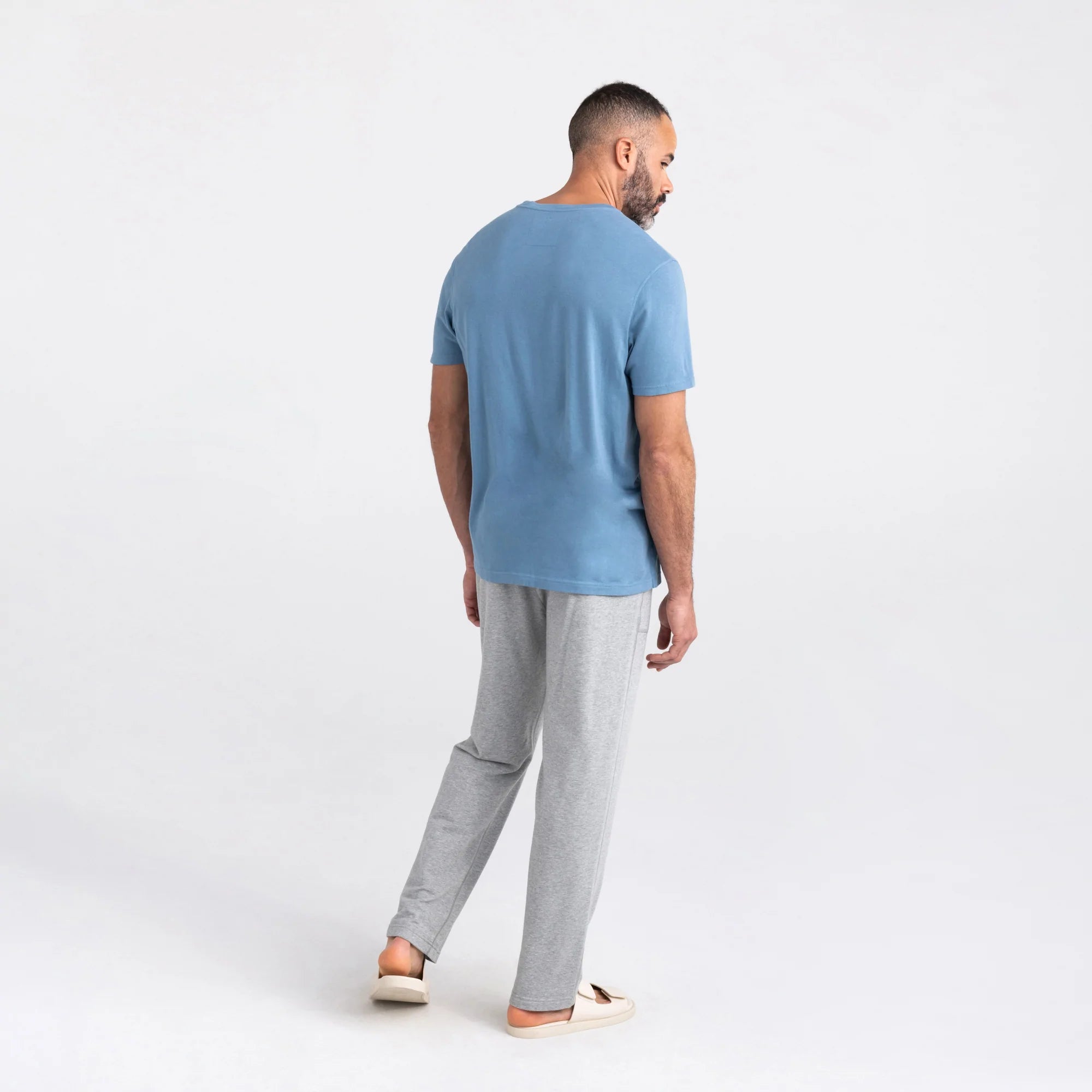 Back - Model wearing 3Six Five Lounge Tee in Washed Blue