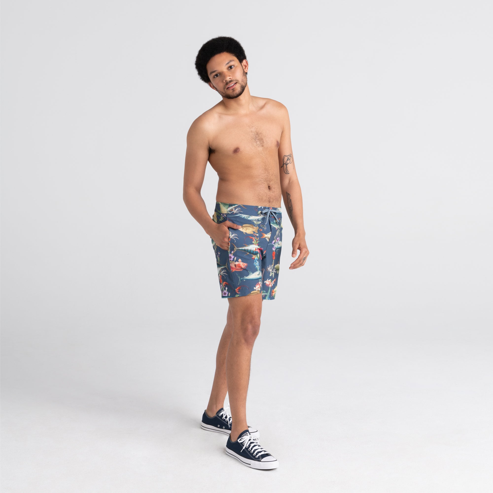 Front - Model wearing Betawave 2N1 Swim Boardie 17" in Deep Dive- Twilight